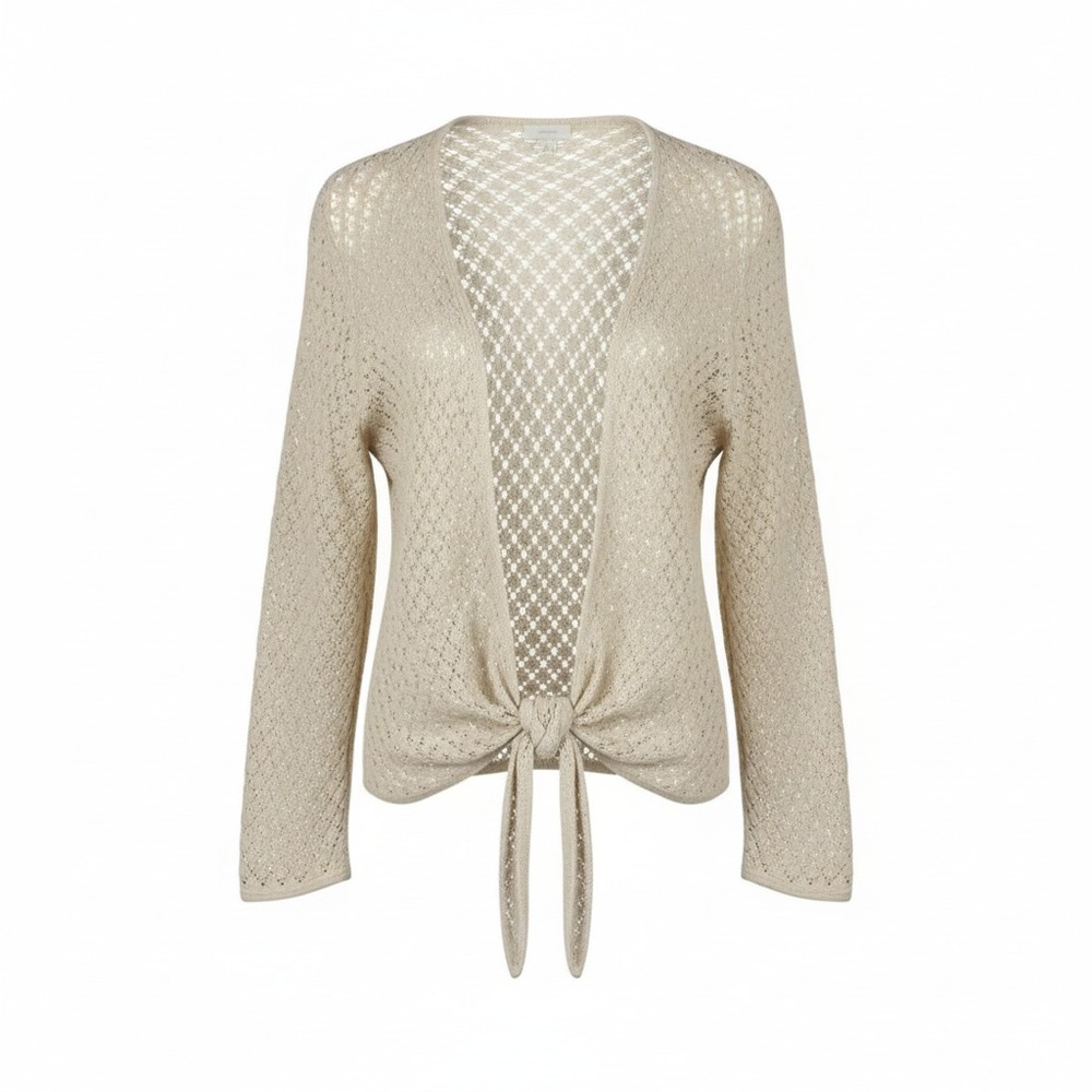 J. Jill Tie Front Pointelle Cardigan L Beige Linen Blend Knit Crochet Sheer Prep